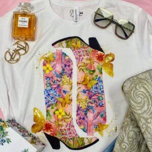 Pink Floral Butterfly Cowboy Boots Tee TShirt Size Medium